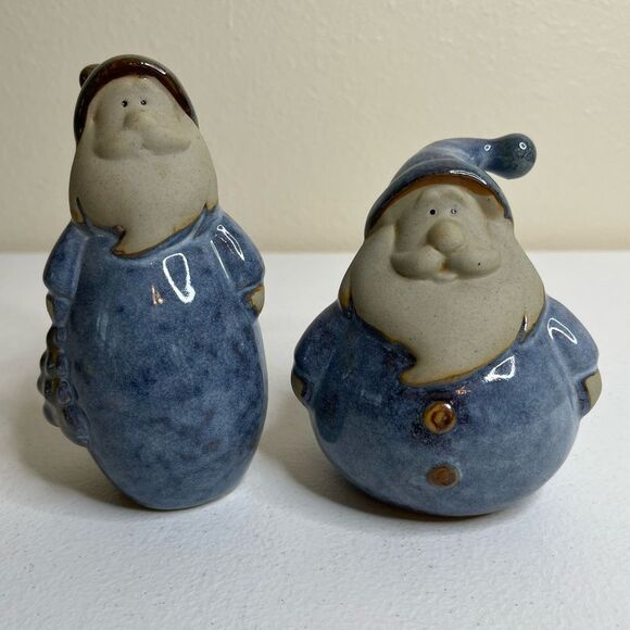 Pair Stoneware Pottery Santas Blue Coats Tall and Short Round Whimsical Folky - Picture 2 of 12